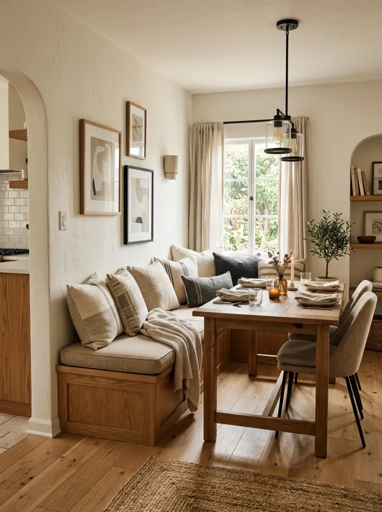 Small cozy dining room with upholstered wooden bench and layered neutral textiles.