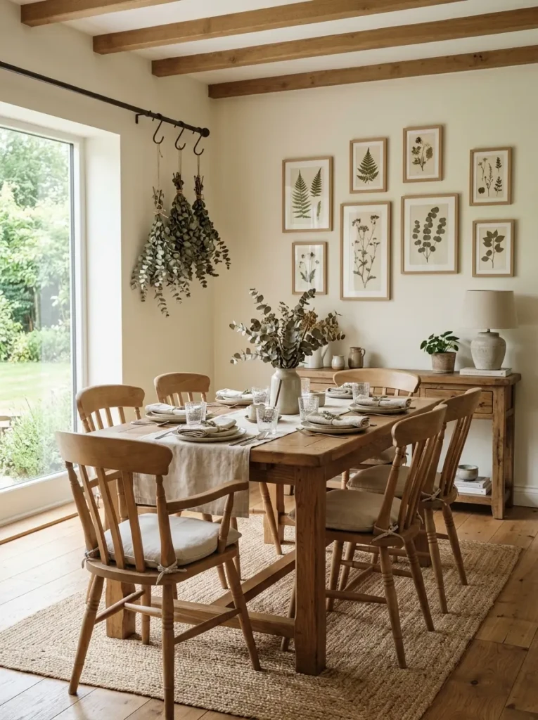 Dining room with framed botanicals, eucalyptus bundles, and warm neutral decor
