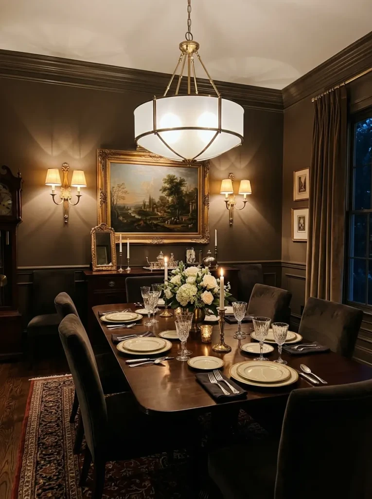 Dining room with brass wall sconces beside artwork creating a luxurious warm glow