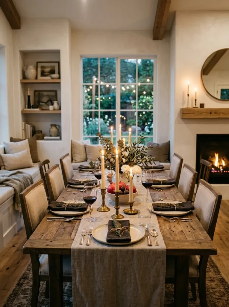 Cozy dining room table with soft candlelight, linen runner, and warm elegant decor