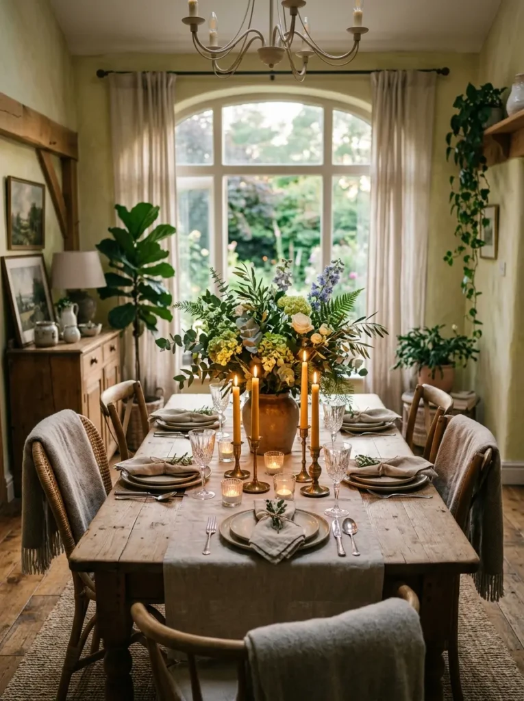Cozy dining room with glowing candles and airy centerpiece styling