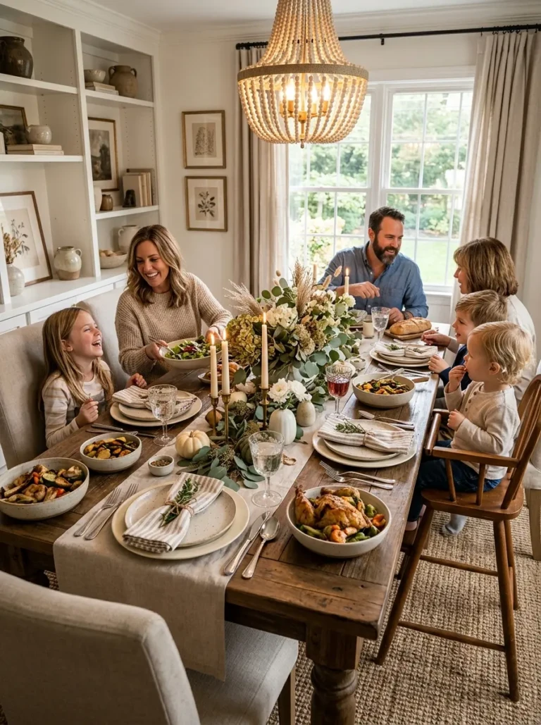 Elegant dining room with layered centerpiece styling and cozy family atmosphere