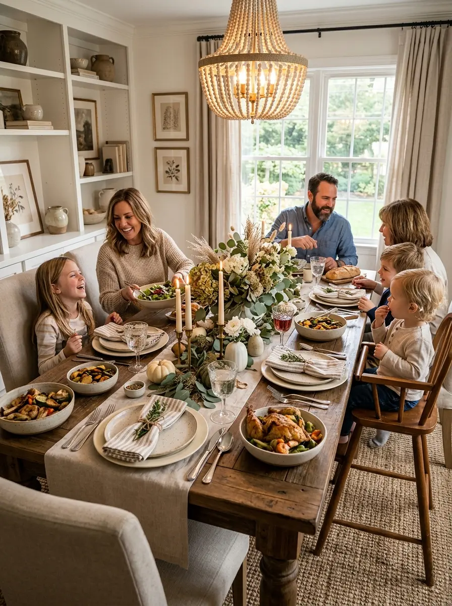 Elegant dining room with layered centerpiece styling and cozy family atmosphere
