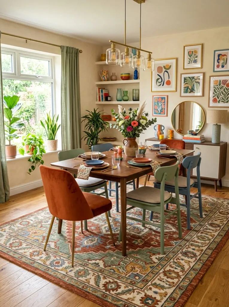 Vibrant dining room featuring a colorful area rug with rust, sage green, and blue tones.