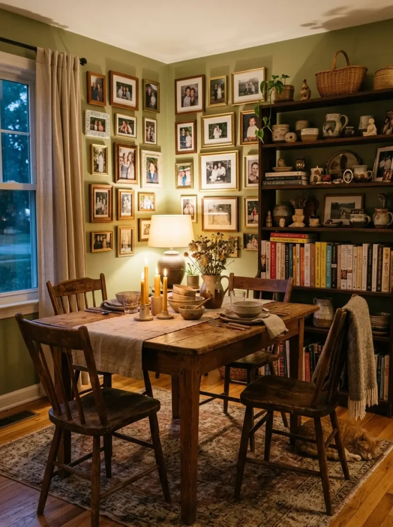 Warm and inviting corner dining room decorated with personal touches, candles, and handmade pottery.