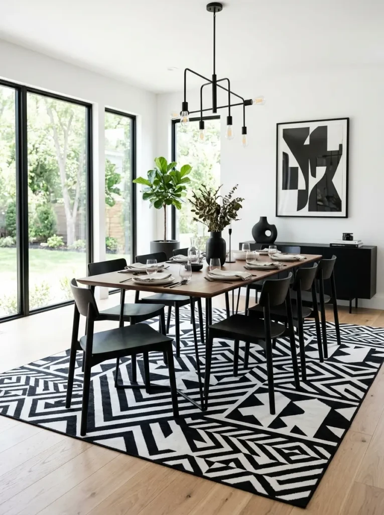 Contemporary dining room with a bold black-and-white geometric rug and sleek modern furniture.