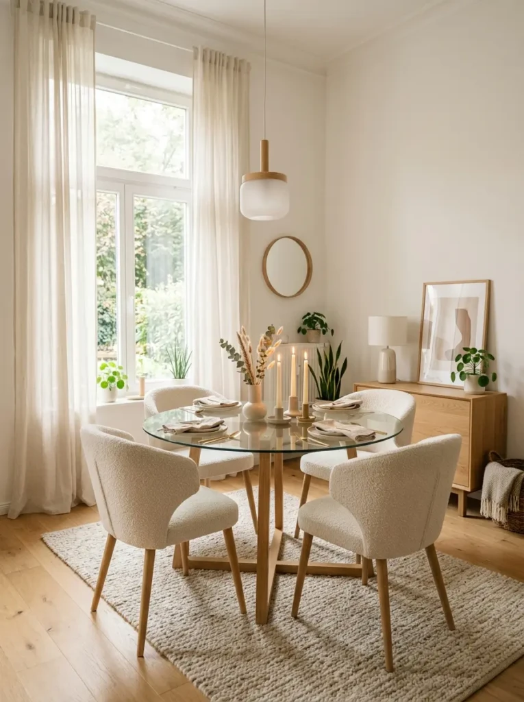 Minimal dining room with glass table, soft curtains, warm wood accents, and cozy textures.