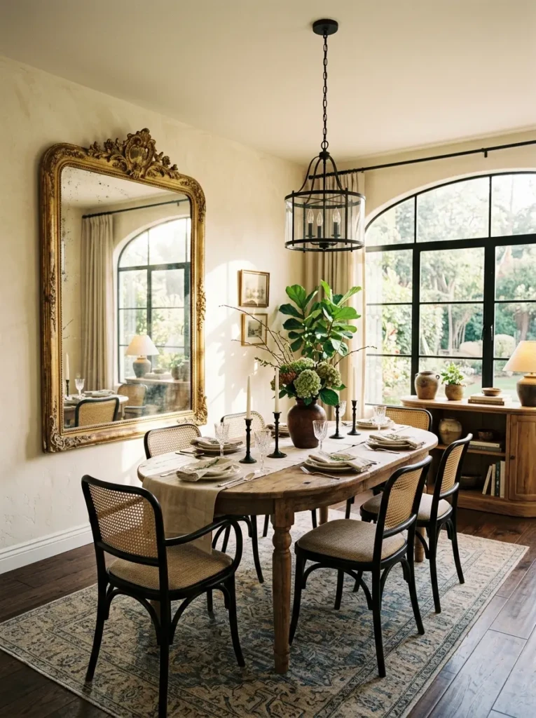 Dining room with antique gold mirror, warm sunlight, and sophisticated cozy decor
