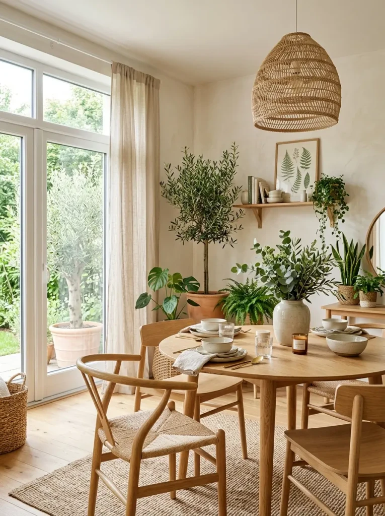 Bright dining corner filled with greenery, natural textures, and airy botanical décor.