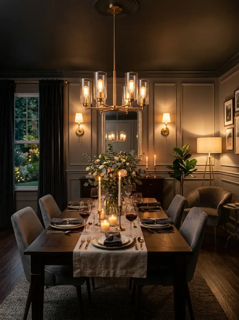 Cozy dining room with layered lighting, candles, sconces, and elegant pendant light
