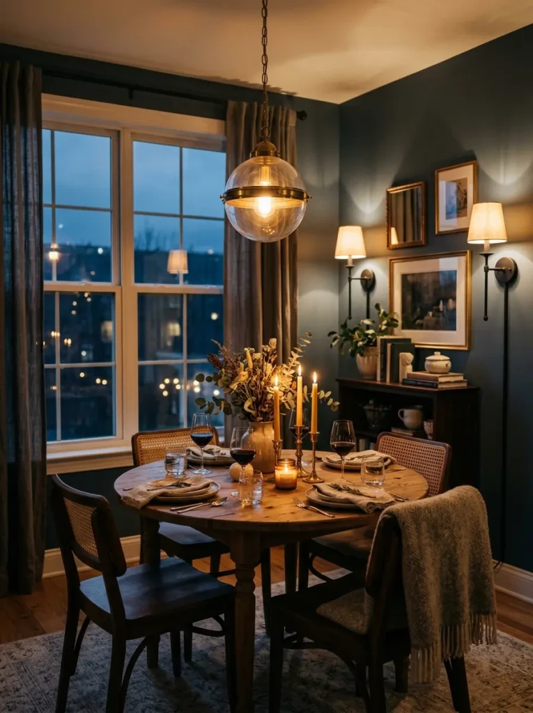 Charming corner dining room illuminated with pendant lights, candles, and warm ambient lighting.