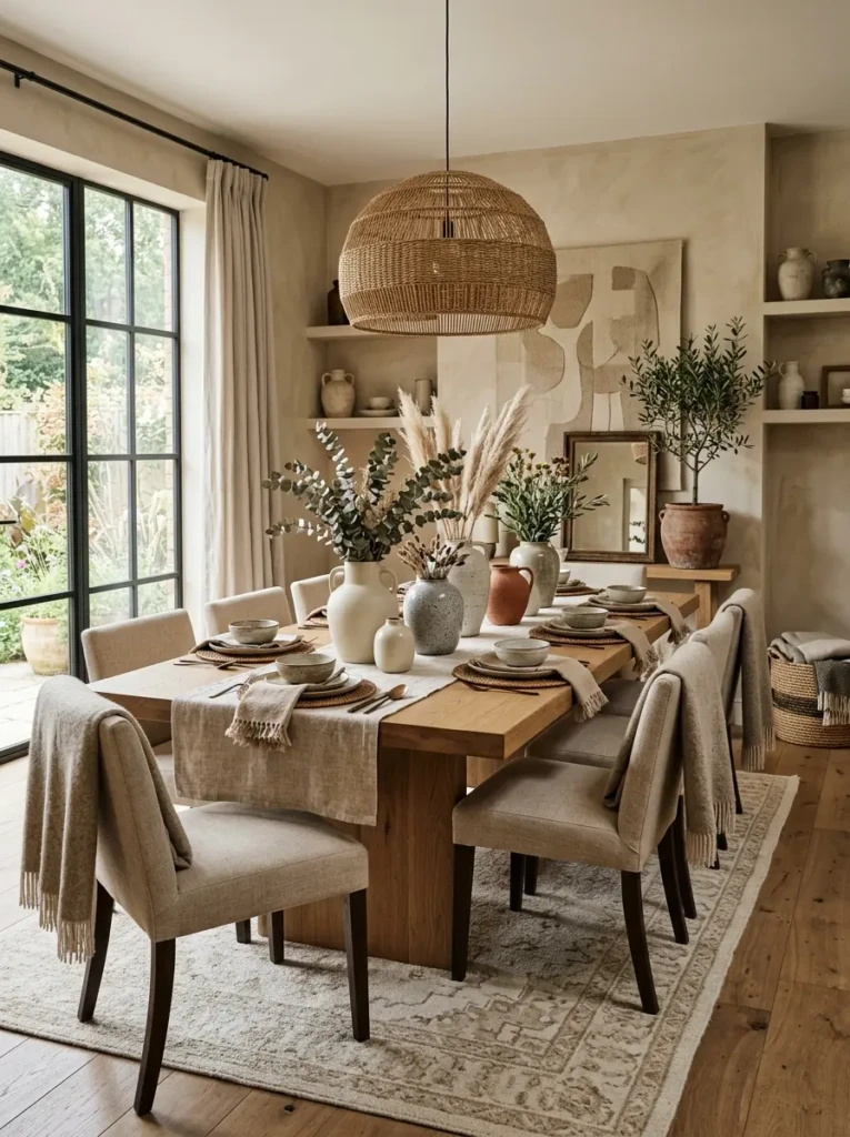 Neutral dining room with layered textures and elegant centerpiece styling