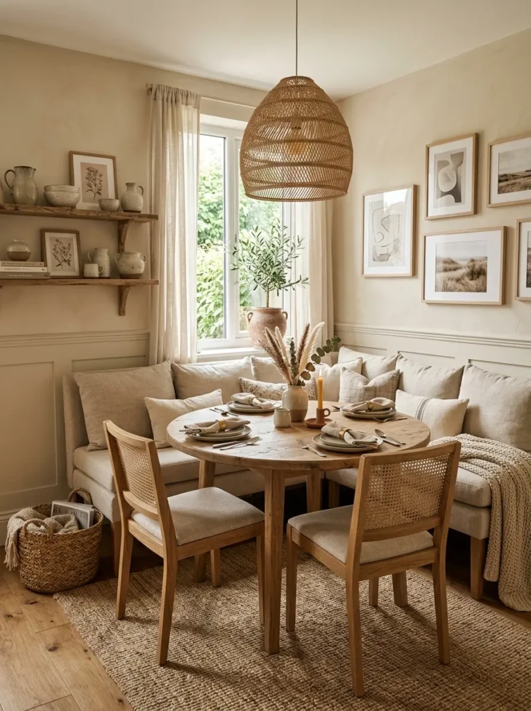 Elegant neutral-toned corner dining room with linen textures, wood finishes, and calming décor.