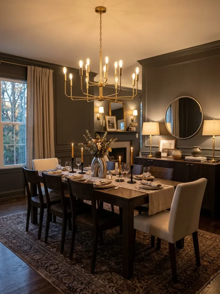 Elegant dining room featuring brass chandelier and mixed metal accents