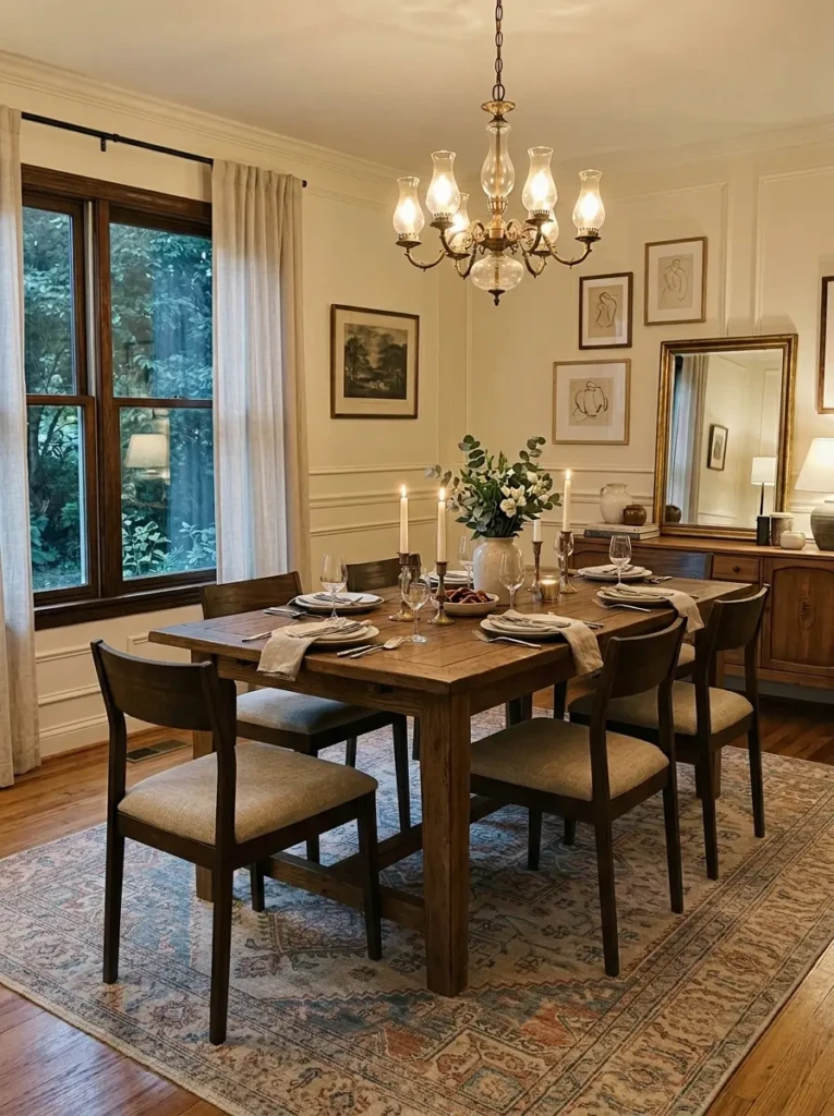Elegant dining room styled with a subtle patterned rug, warm neutral decor, and cozy lighting.