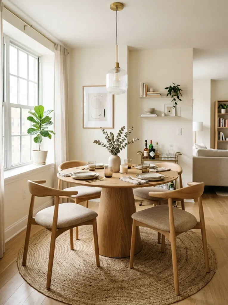 Small dining room with round pedestal wood table, curved chairs, and airy modern decor.