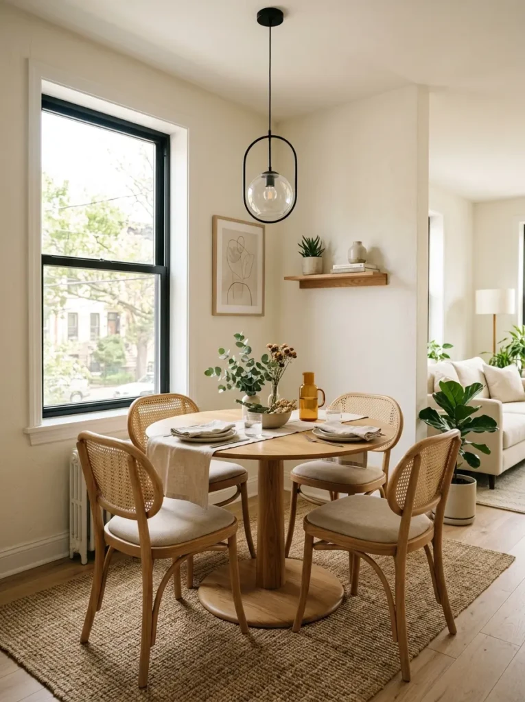 Compact corner dining area featuring a round pedestal table and soft modern seating.