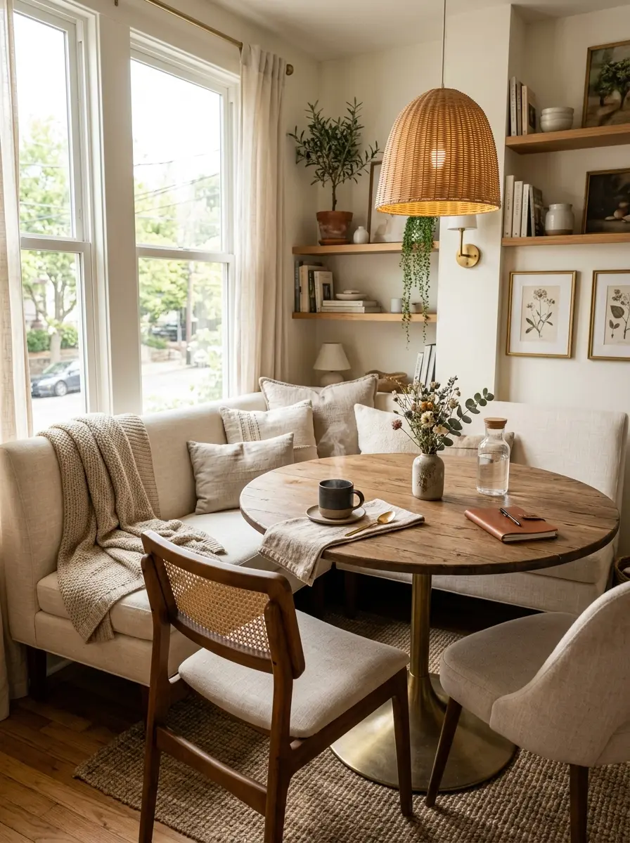 Cozy corner dining room with warm lighting, stylish seating, soft textures, and a coffee cup creating an inviting atmosphere.
