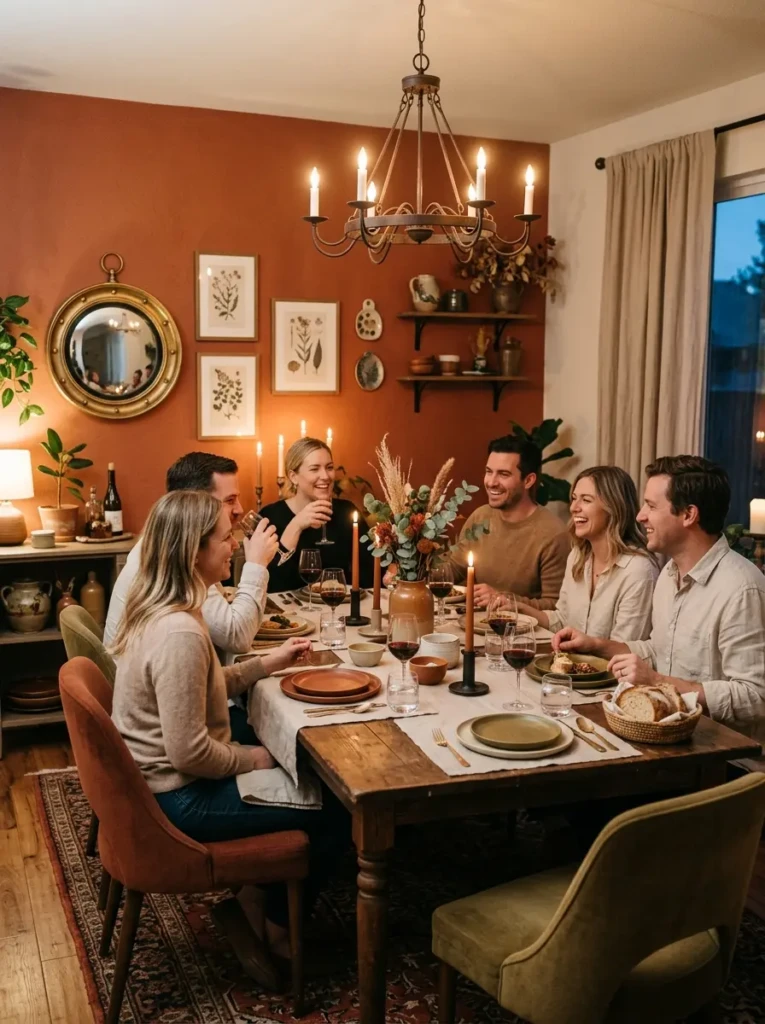 Dining room with terracotta painted wall and elegant earthy interior styling