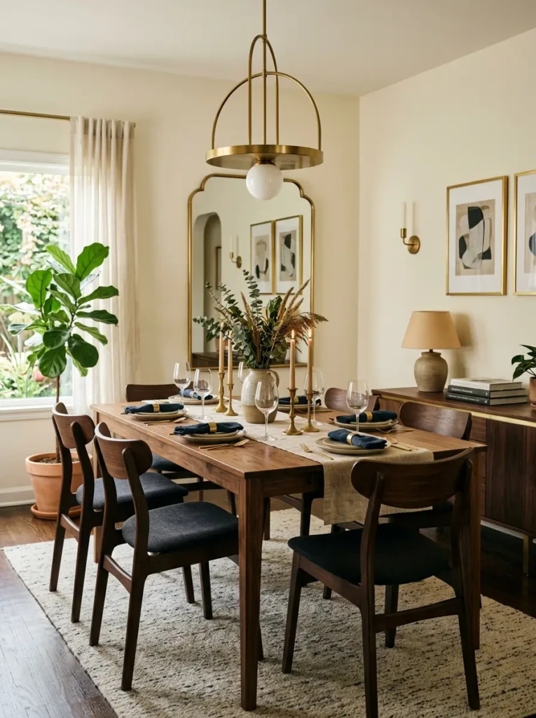 Sophisticated corner dining room with dark chairs, light walls, and warm wood accents.