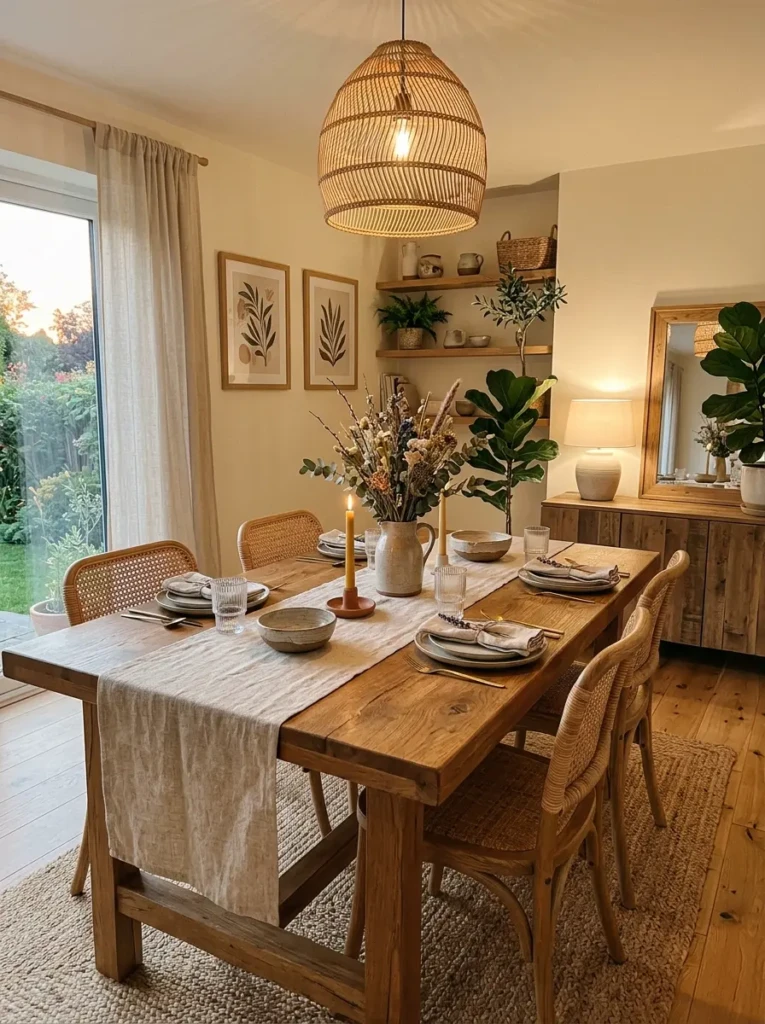 Cozy dining room with wooden decor accents, woven textures, and soft neutral styling