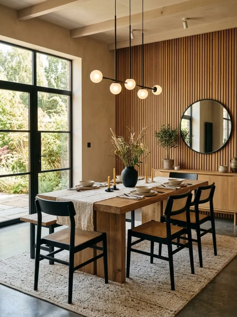 Dining room with wood slat walls, neutral fabrics, matte black fixtures, and cozy elegant decor.