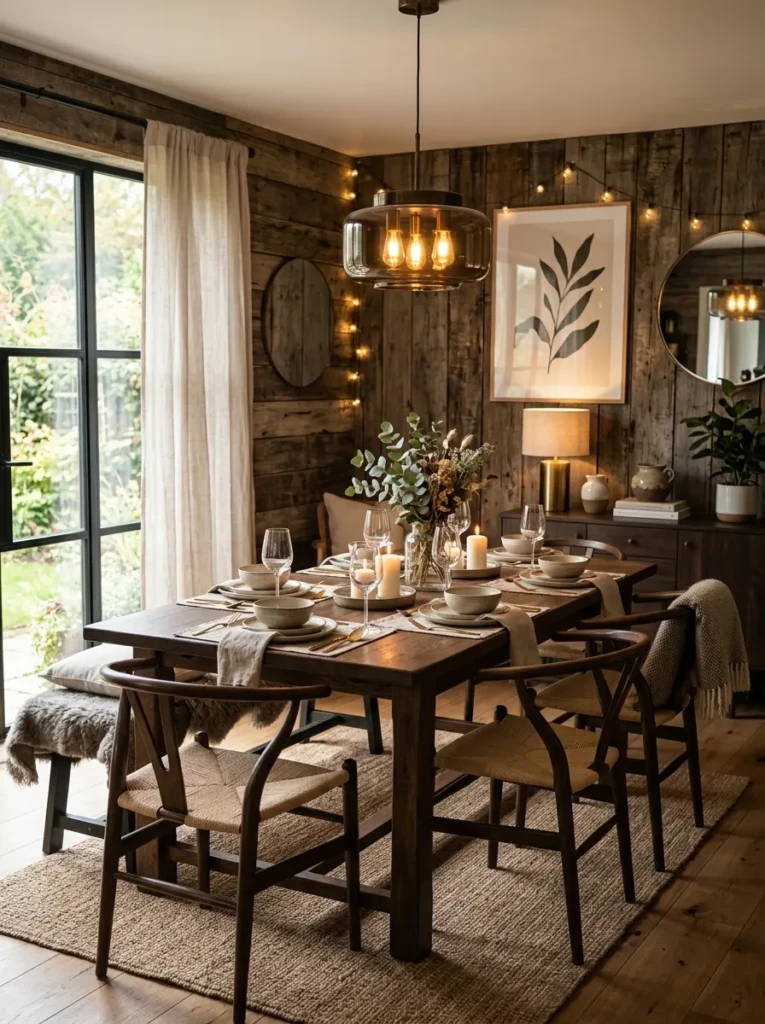 Elegant dining room with reclaimed wood walls and Scandinavian-inspired decor
