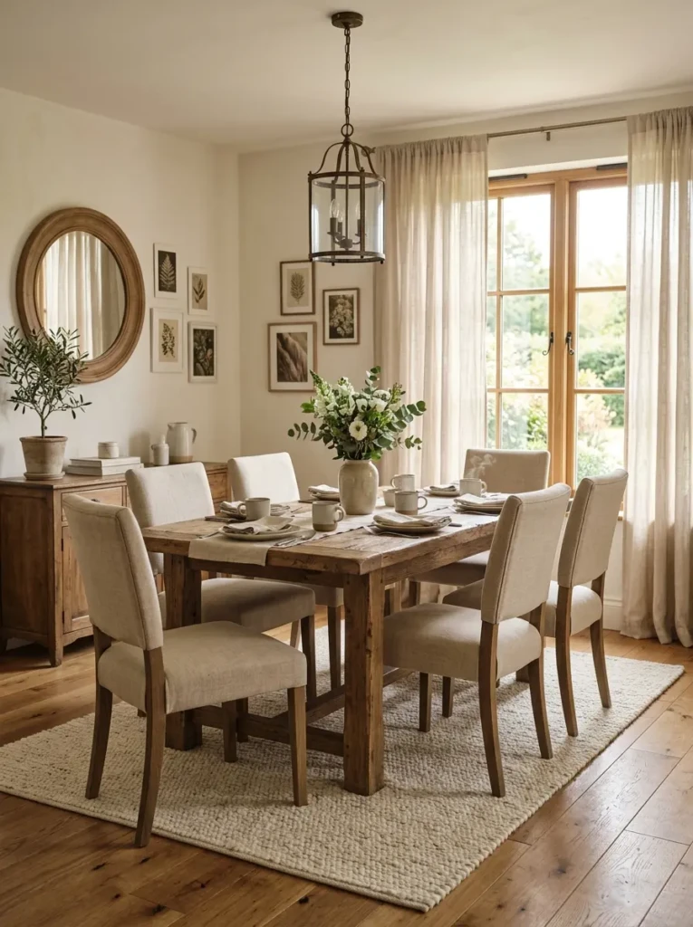 Neutral ivory dining room rug under a rustic wood table with soft sunlight and cozy decor.