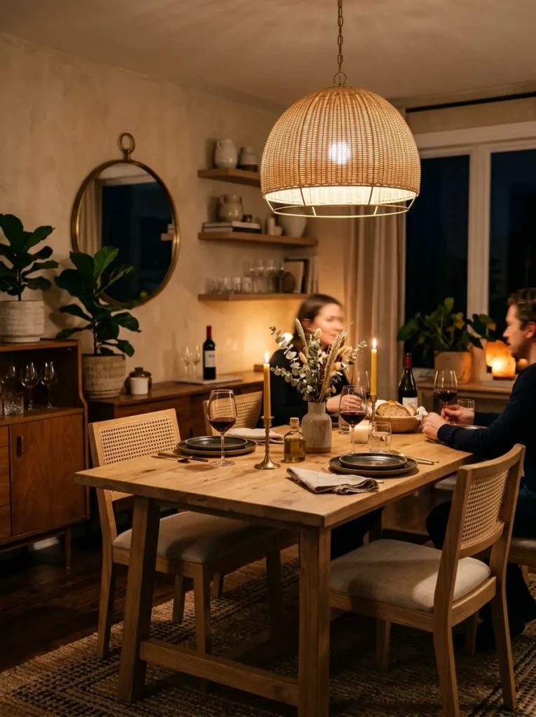 ozy dining room with woven chandelier, brass accents, and warm intimate lighting.