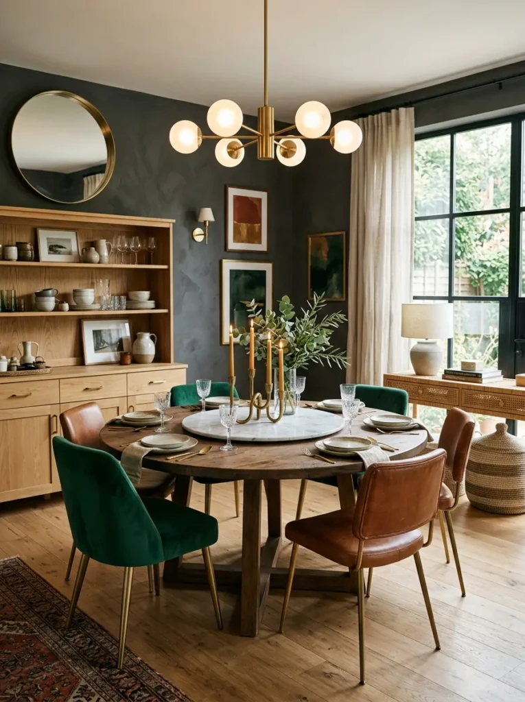 Stylish dining space combining velvet, marble, brass, leather, and natural wood textures.
