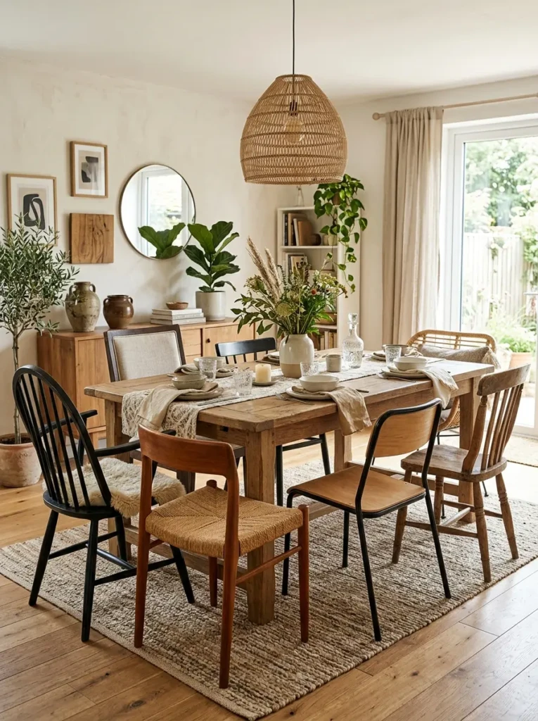 Cozy dining space featuring different dining chair designs in harmonious neutral colors.