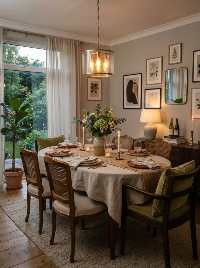 Refreshed dining room featuring layered textures, charming chairs, and glowing warm lighting.