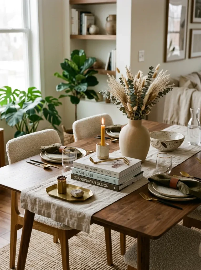 Dining table decorated with stacked books, candles, and elegant ceramic accessories