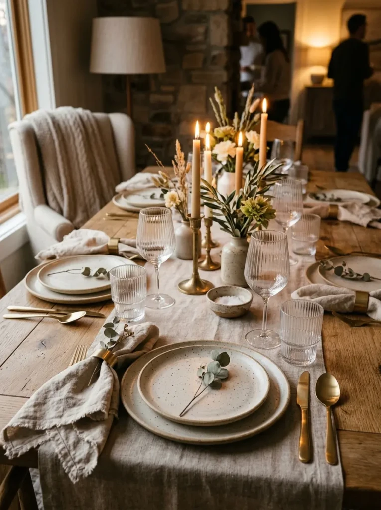 Elegant dining table setup with linen napkins, stoneware plates, and textured glassware