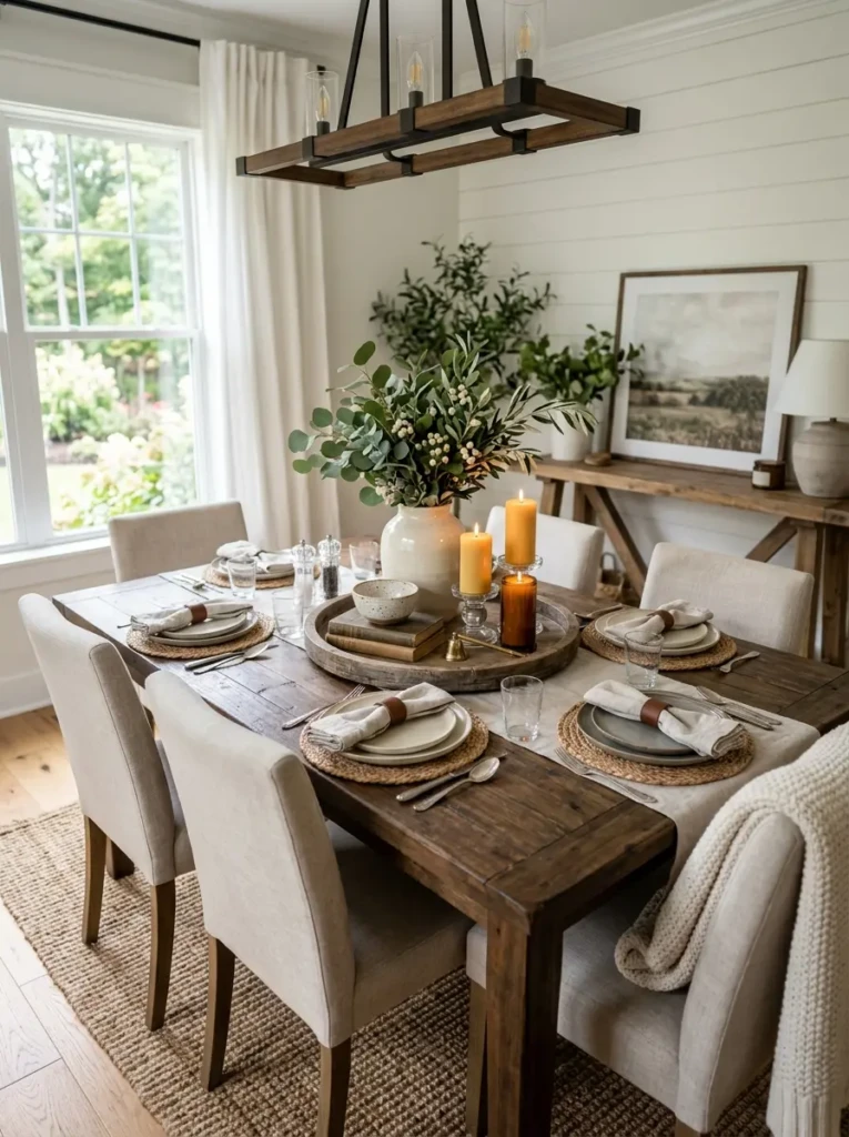 Dining room table styled with decorative tray, candles, greenery, and ceramic decor
