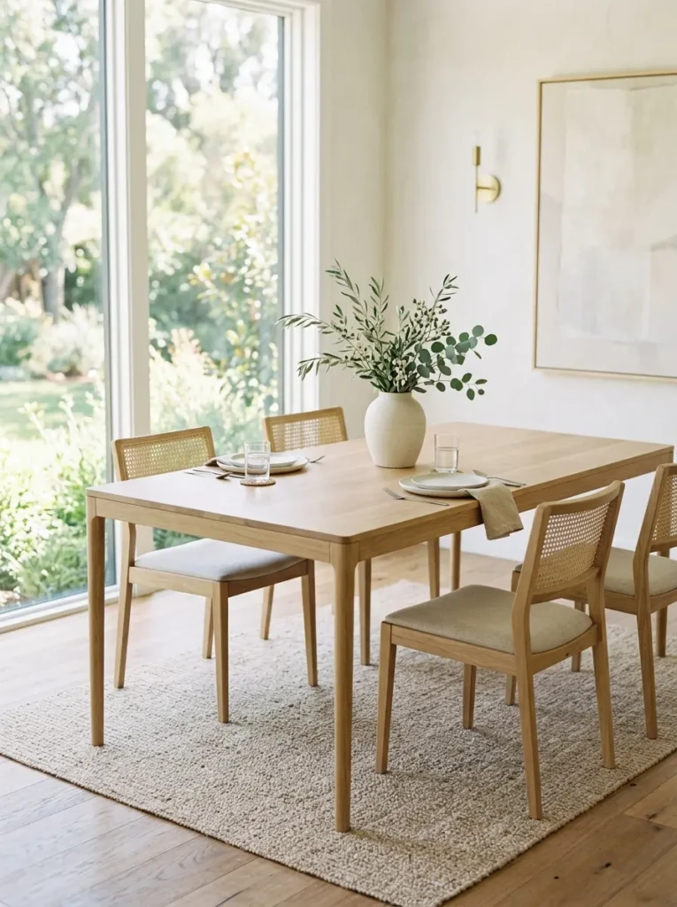 Minimal dining room table with simple centerpiece and airy modern styling