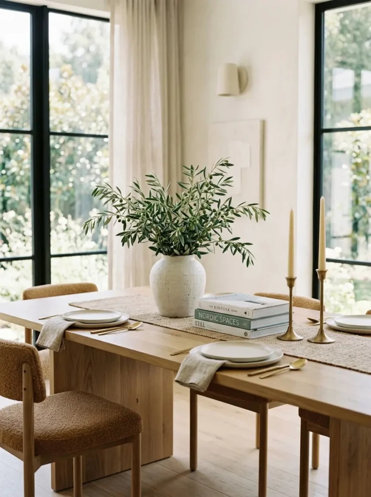 Stylish dining table with layered centerpiece, candles, books, and ceramic decor