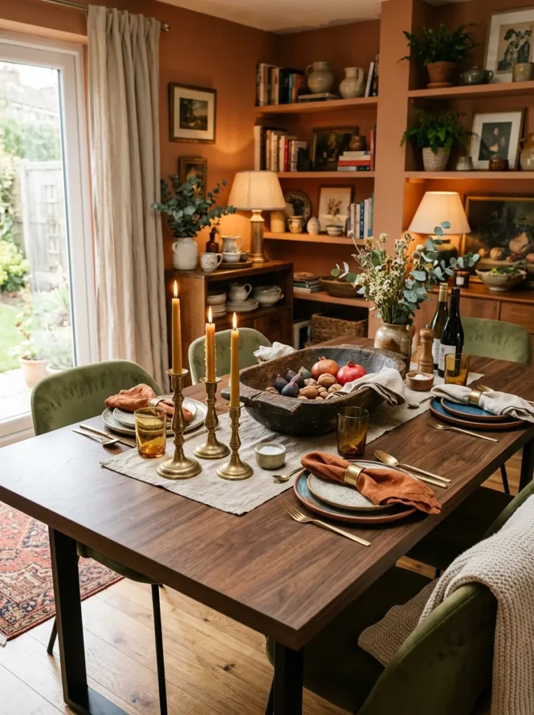 Dining room table featuring vintage brass decor mixed with modern styling elements