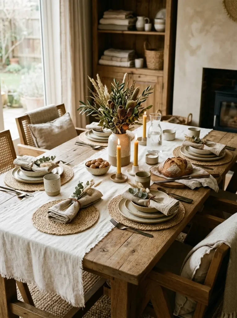 Neutral dining table featuring layered textures, woven placemats, and handmade pottery