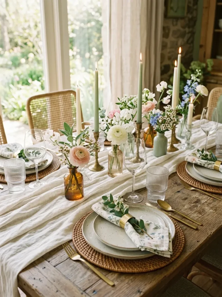 Spring dining table with a linen runner, woven placemats, neutral plates, floral napkins, bud vases, and taper candles.