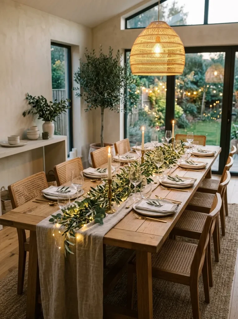 Olive branch garland with fairy lights on a long dining room table