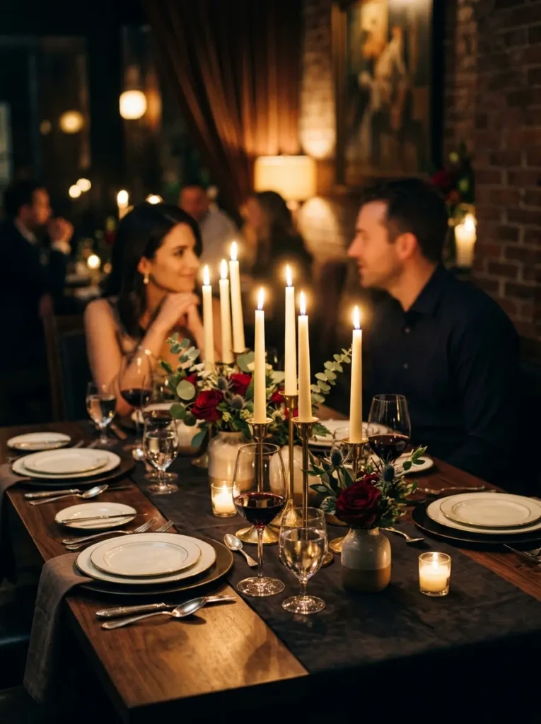 Dining room table decorated with glowing taper candles and brass candle holders