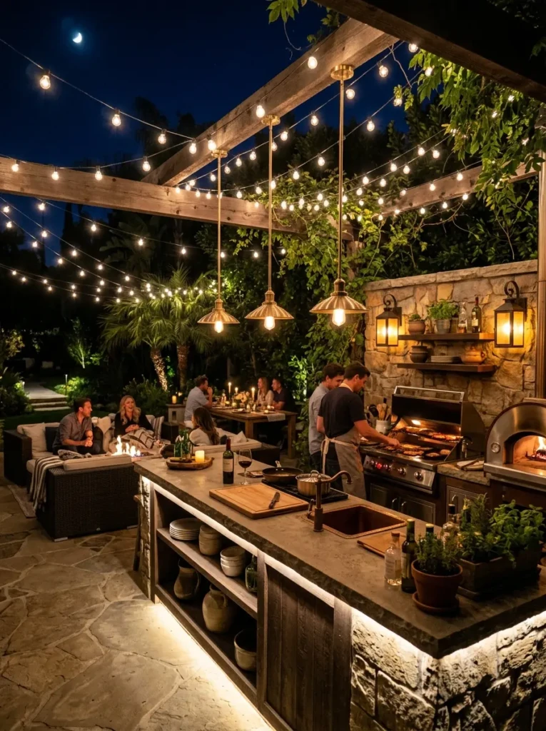 Outdoor dirty kitchen with pendant lights, string lights, and cozy nighttime ambiance