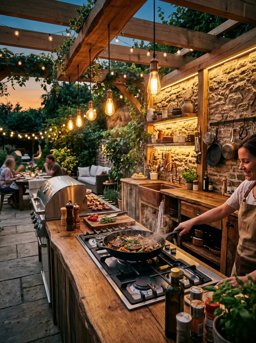 Dreamy outdoor dirty kitchen with warm lighting, stone walls, wooden counters, and cozy evening ambiance