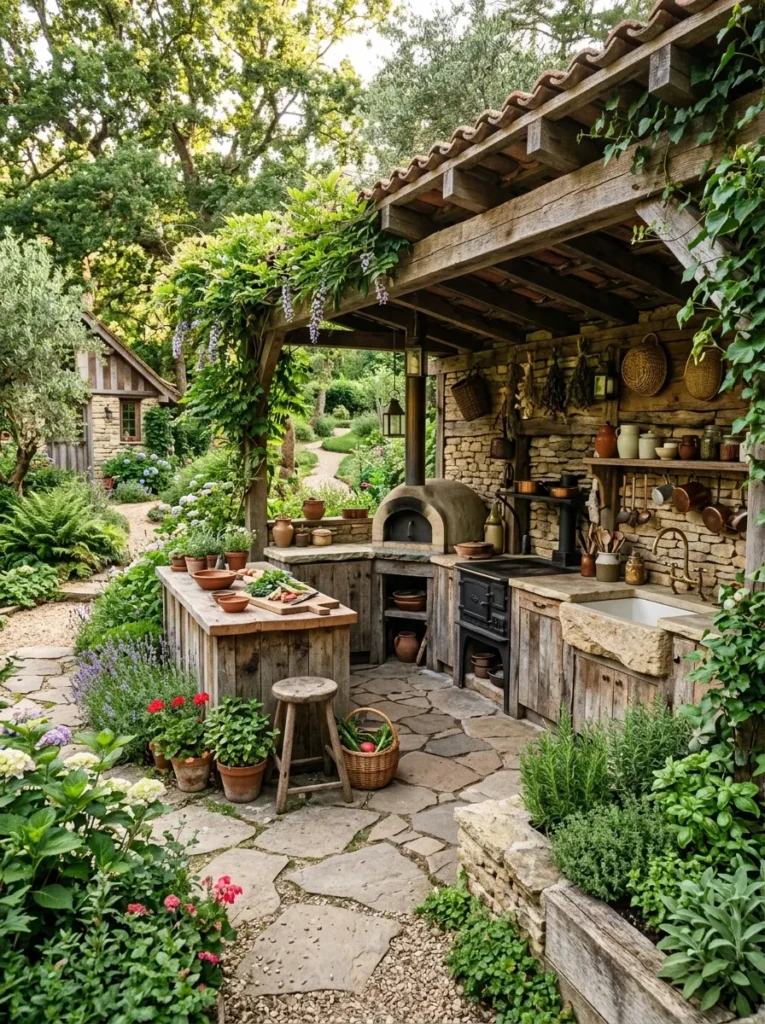Outdoor dirty kitchen surrounded by greenery, herbs, and natural wood textures