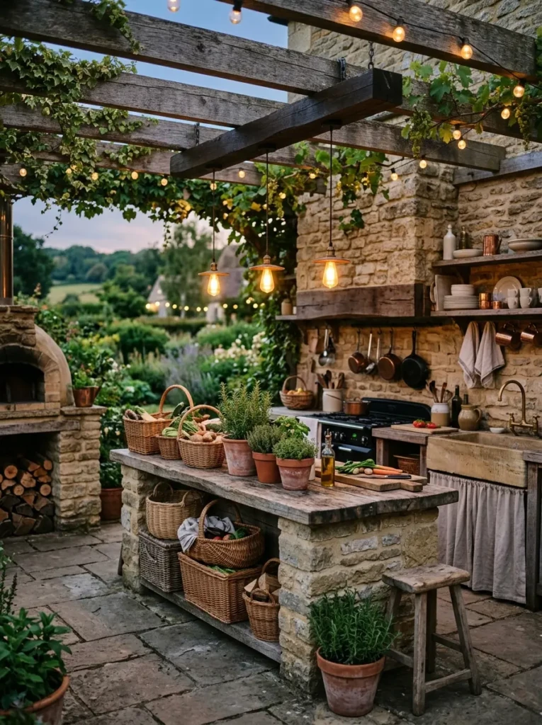 Rustic outdoor dirty kitchen with stone walls, reclaimed wood counters, and warm lighting