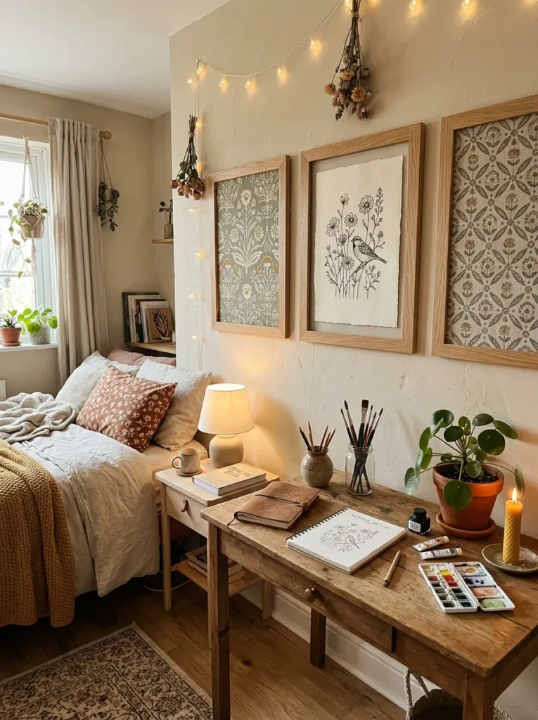 DIY framed artwork and fabric panels in cozy modern bedroom