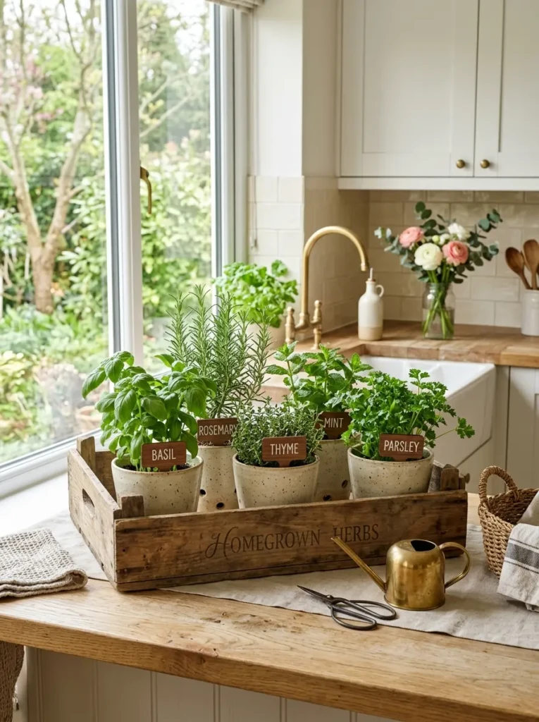 Ceramic herb pots arranged inside wooden crate in elegant spring kitchen