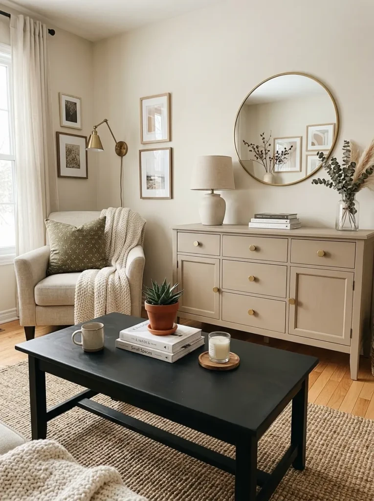 Living room featuring repainted matte black coffee table, refreshed sideboard with brass knobs, and warm neutral decor.
