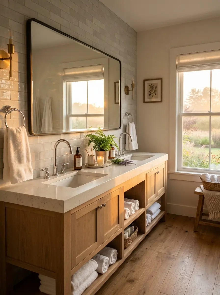 Cozy double sink bathroom with warm sunrise light, two faucets, soft towels, and an elegant spa-like vanity.